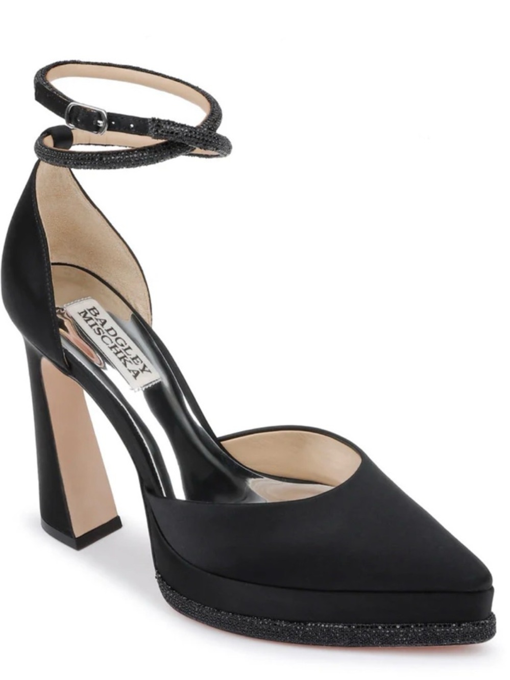 Badgley Mischka Black Satin Pointed Toe Ankle Strap Heels